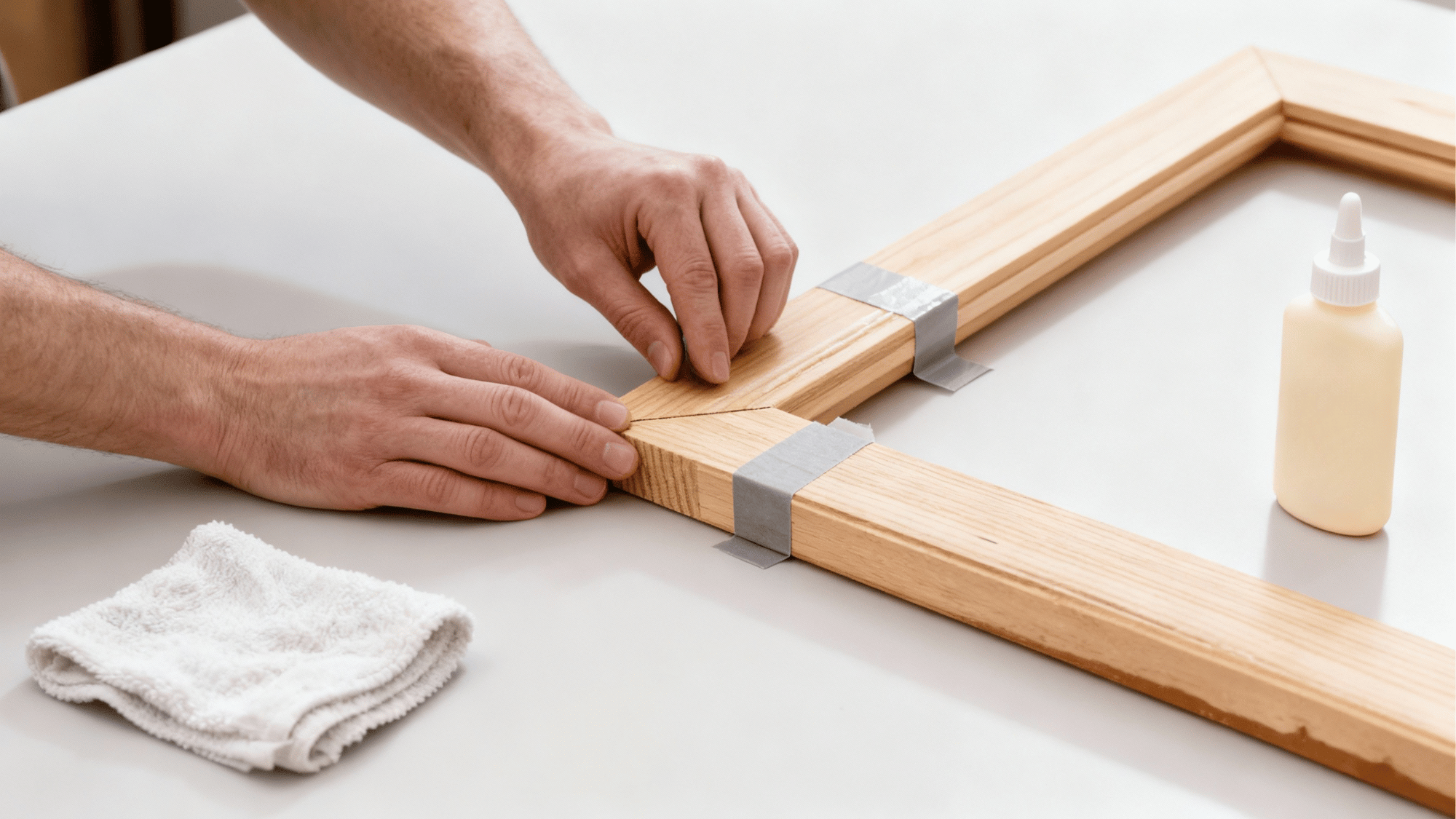 apply wood glue and tape corners