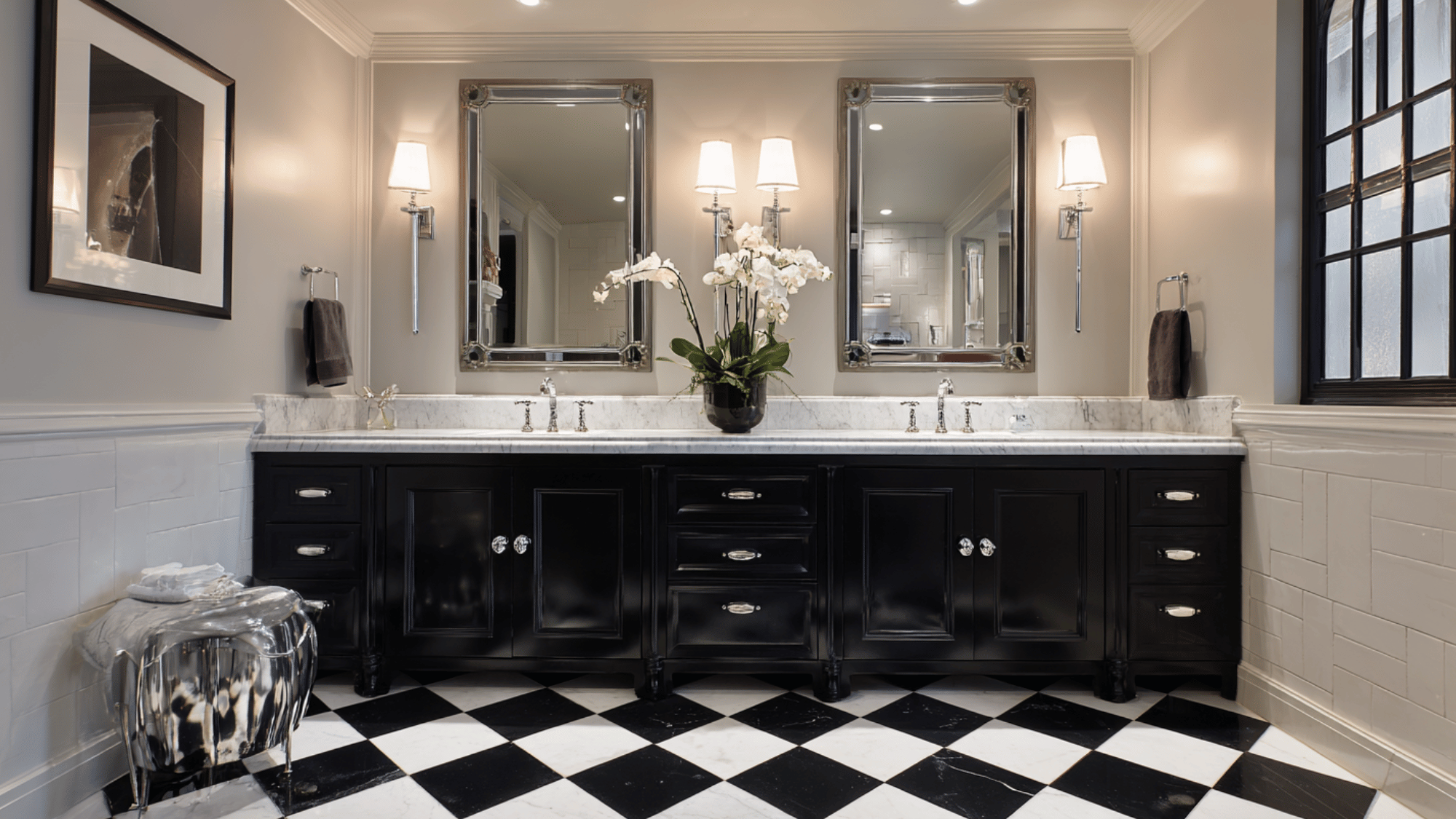 black and white double vanity with checker tile floor
