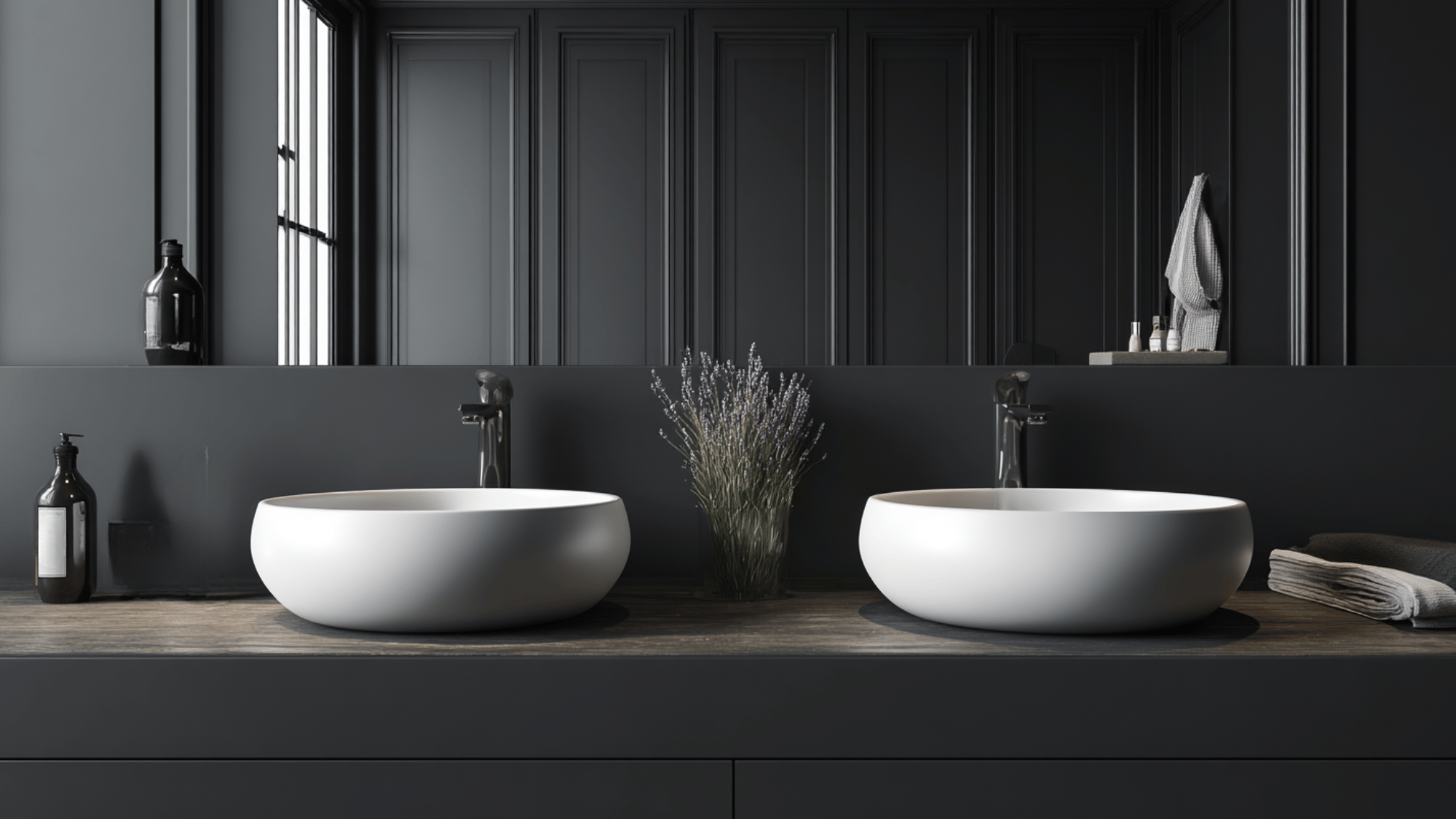 black matte double vanity with white vessel basins