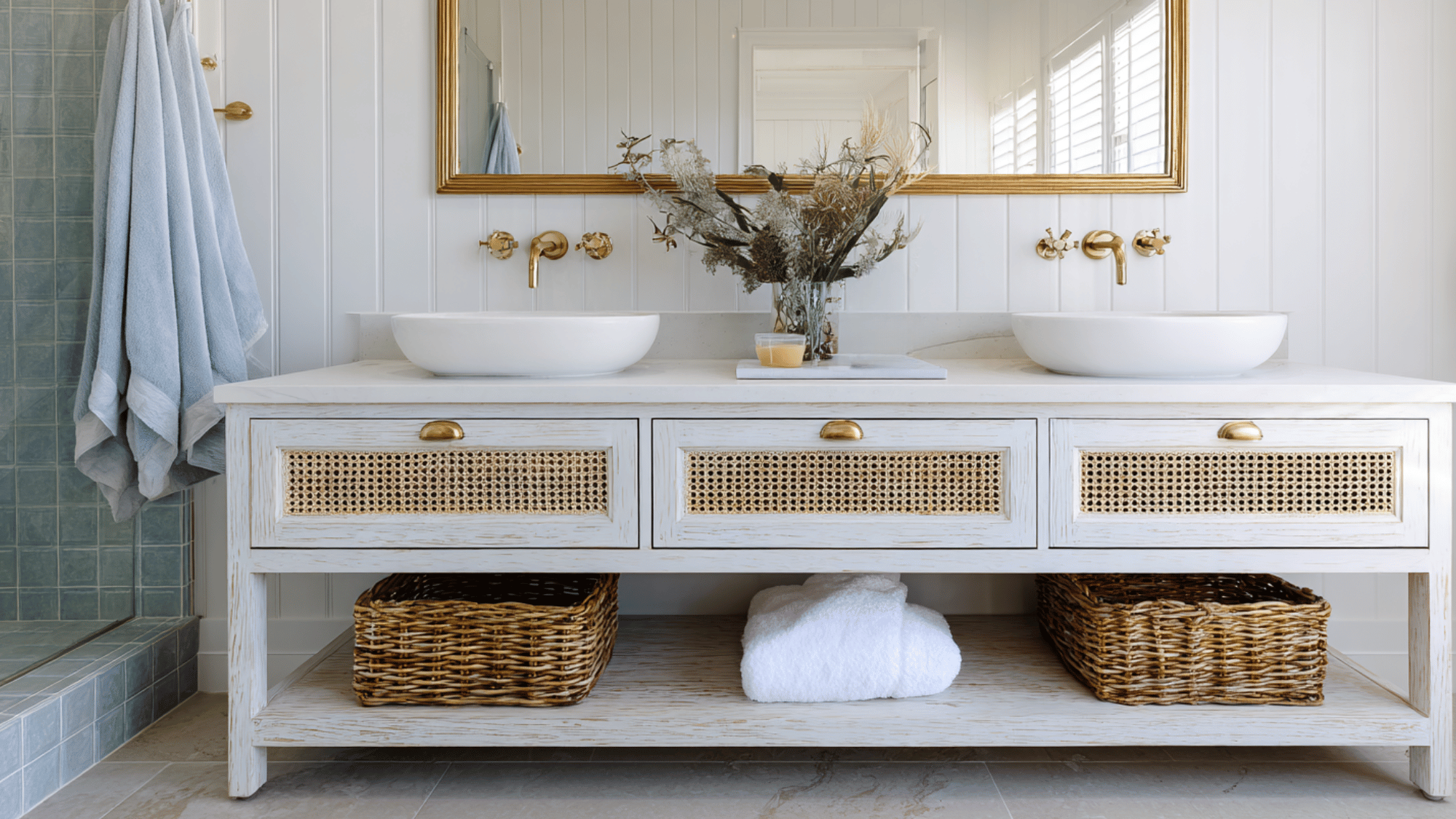 coastal whitewashed double vanity with rattan accents