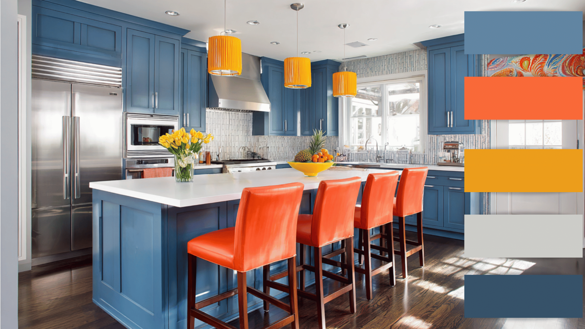 cobalt blue coral mustard