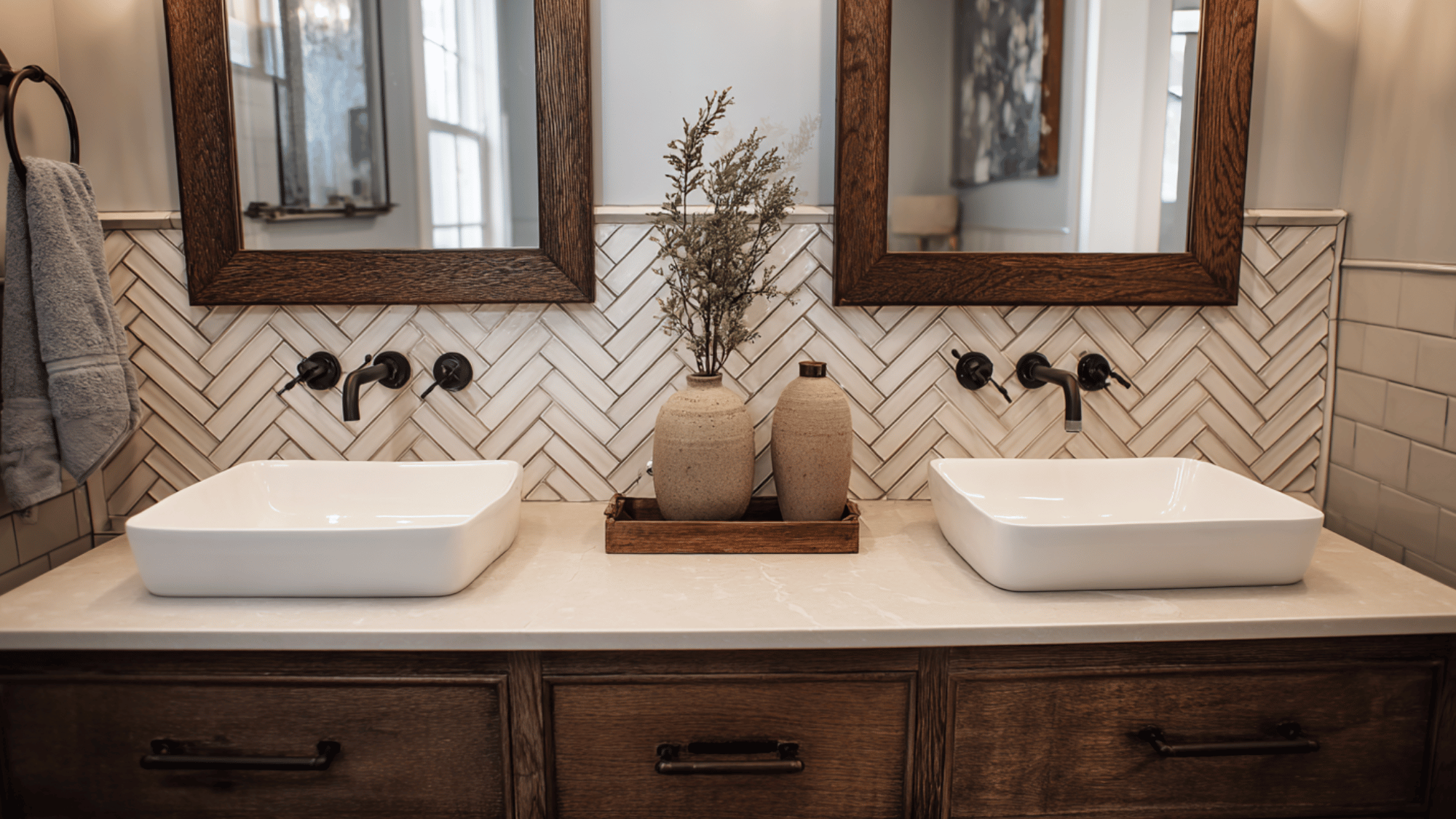 double sink vanity with herringbone tile backsplash