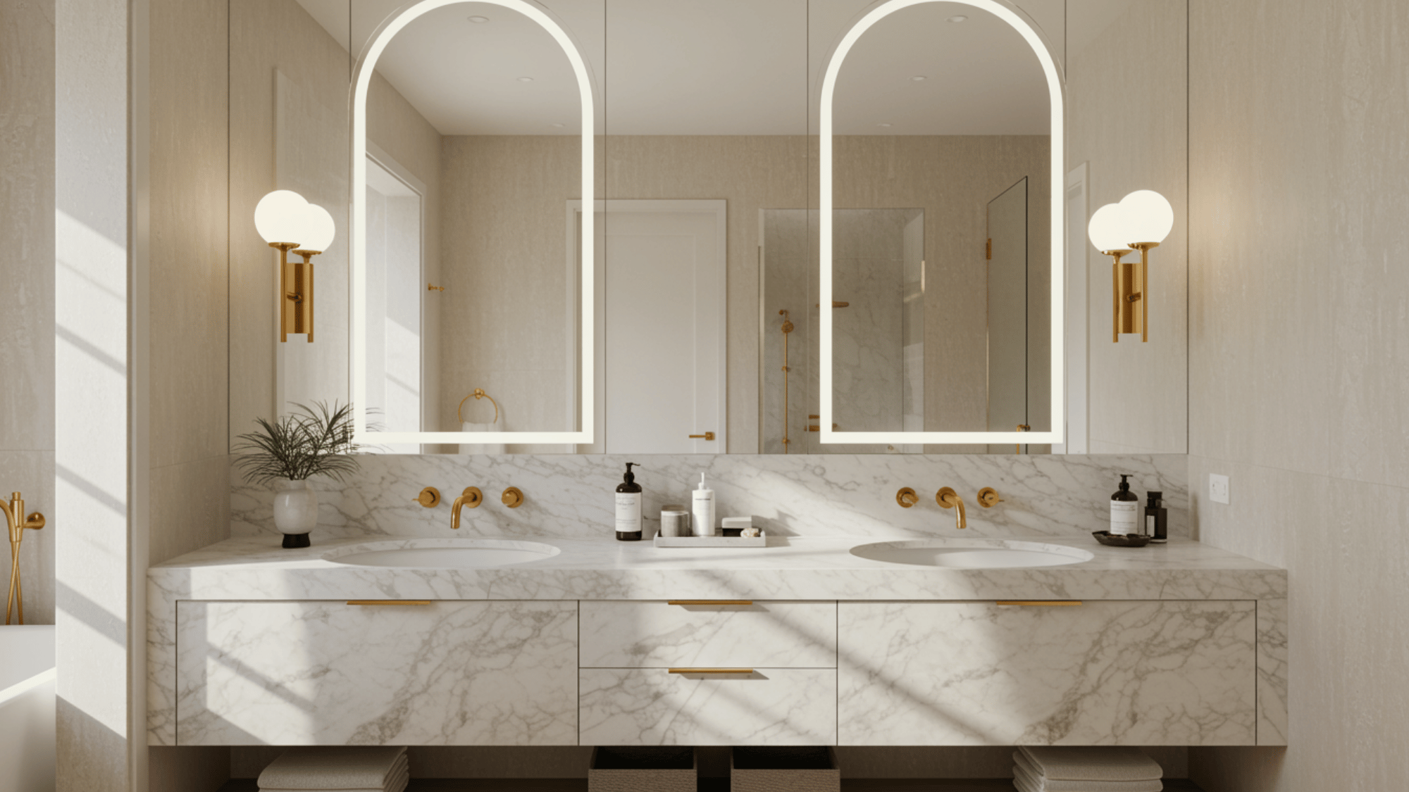 double sink vanity with marble counter and arched mirrors