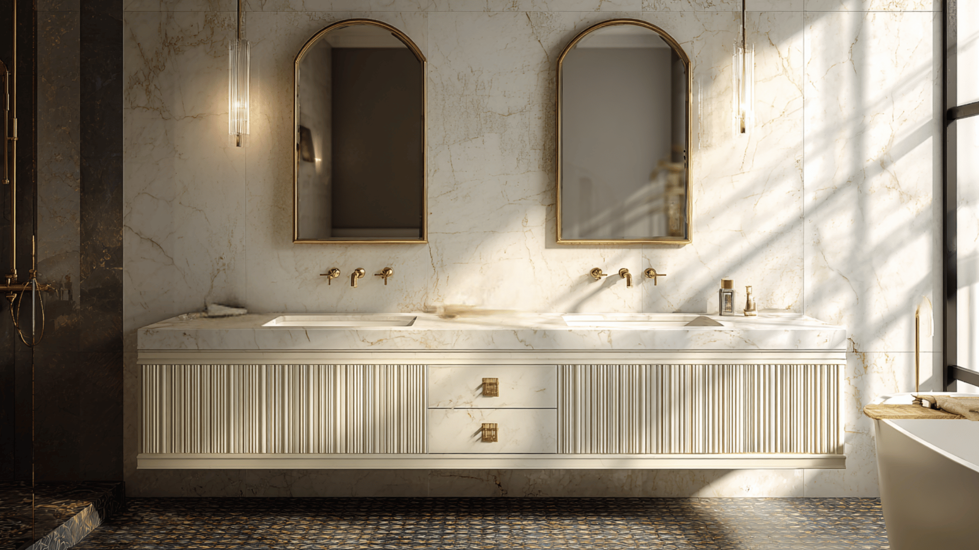 double vanity with fluted drawer fronts