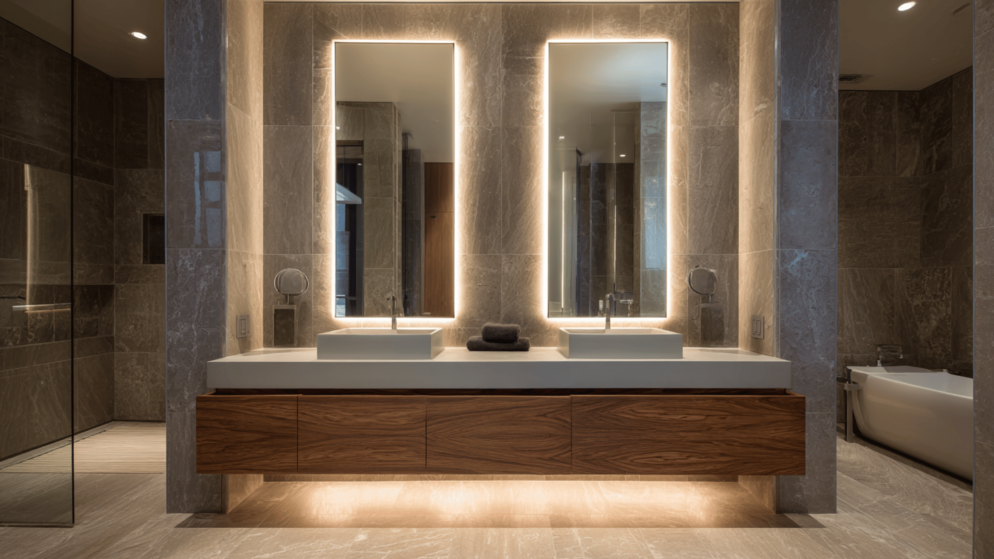 double vanity with led lit mirrors and floating cabinets