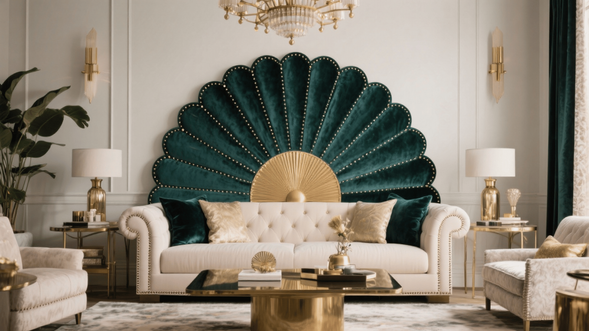 fan shaped headboard seating backdrop