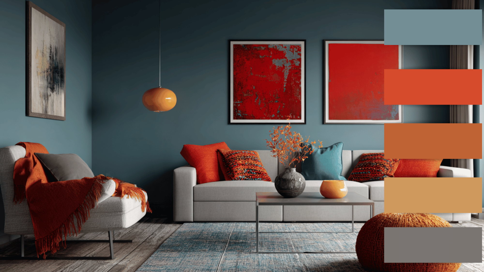 gray blue burnt orange terracotta