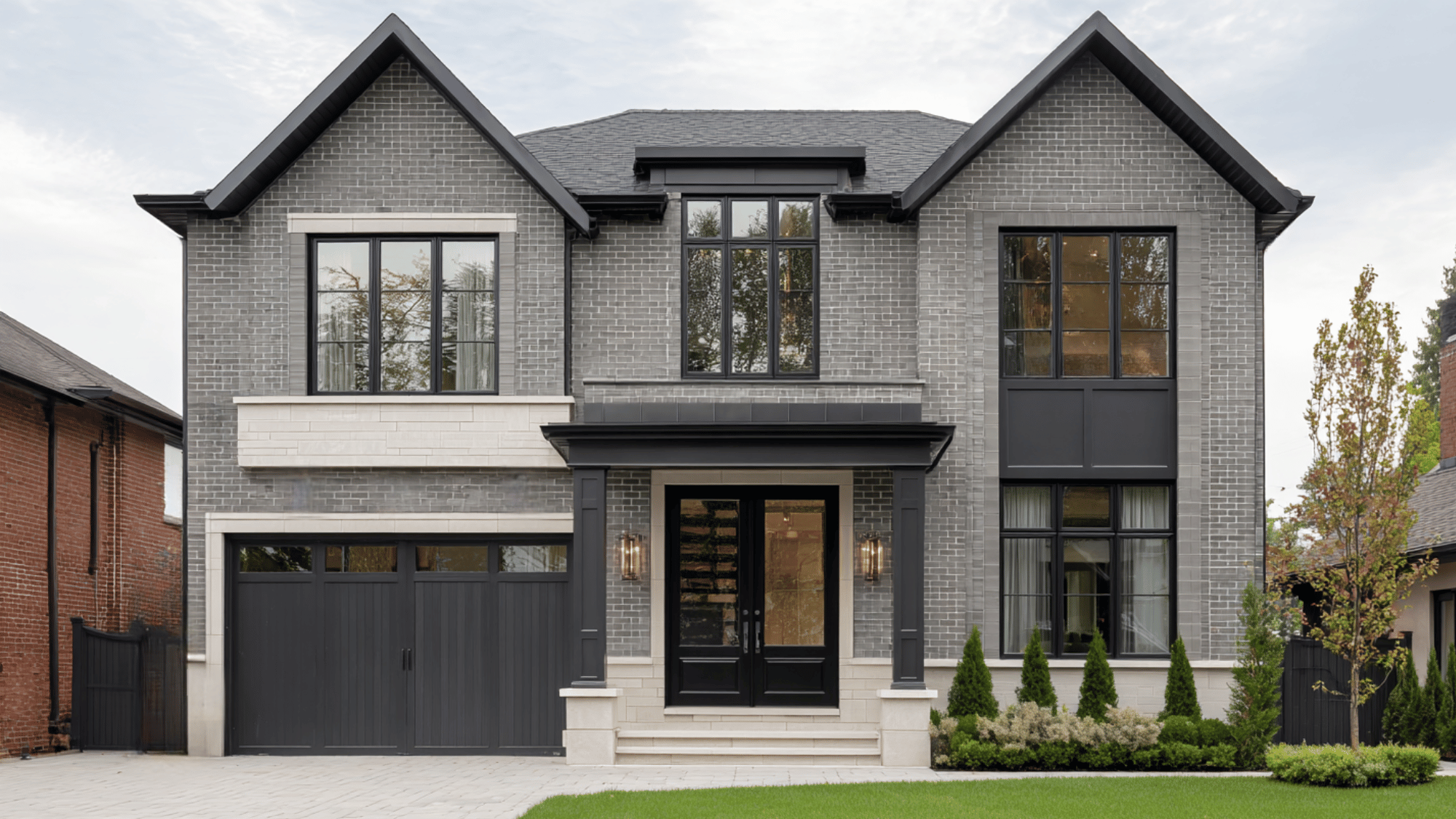 gray brick black and white trim