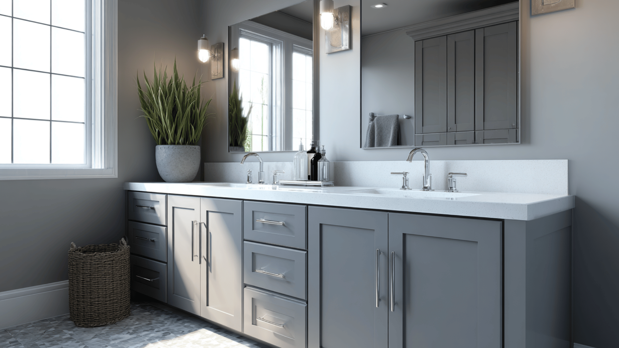 matte gray double vanity with chrome accents