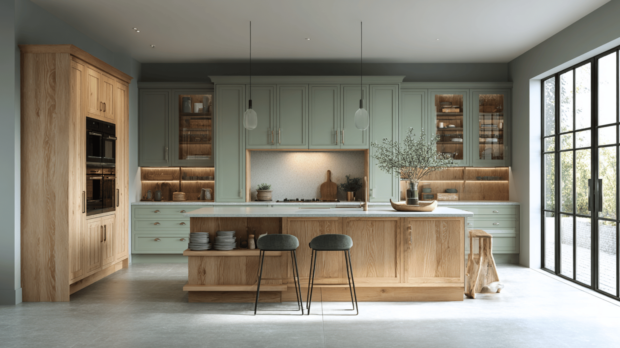 muted sage and oak pairing