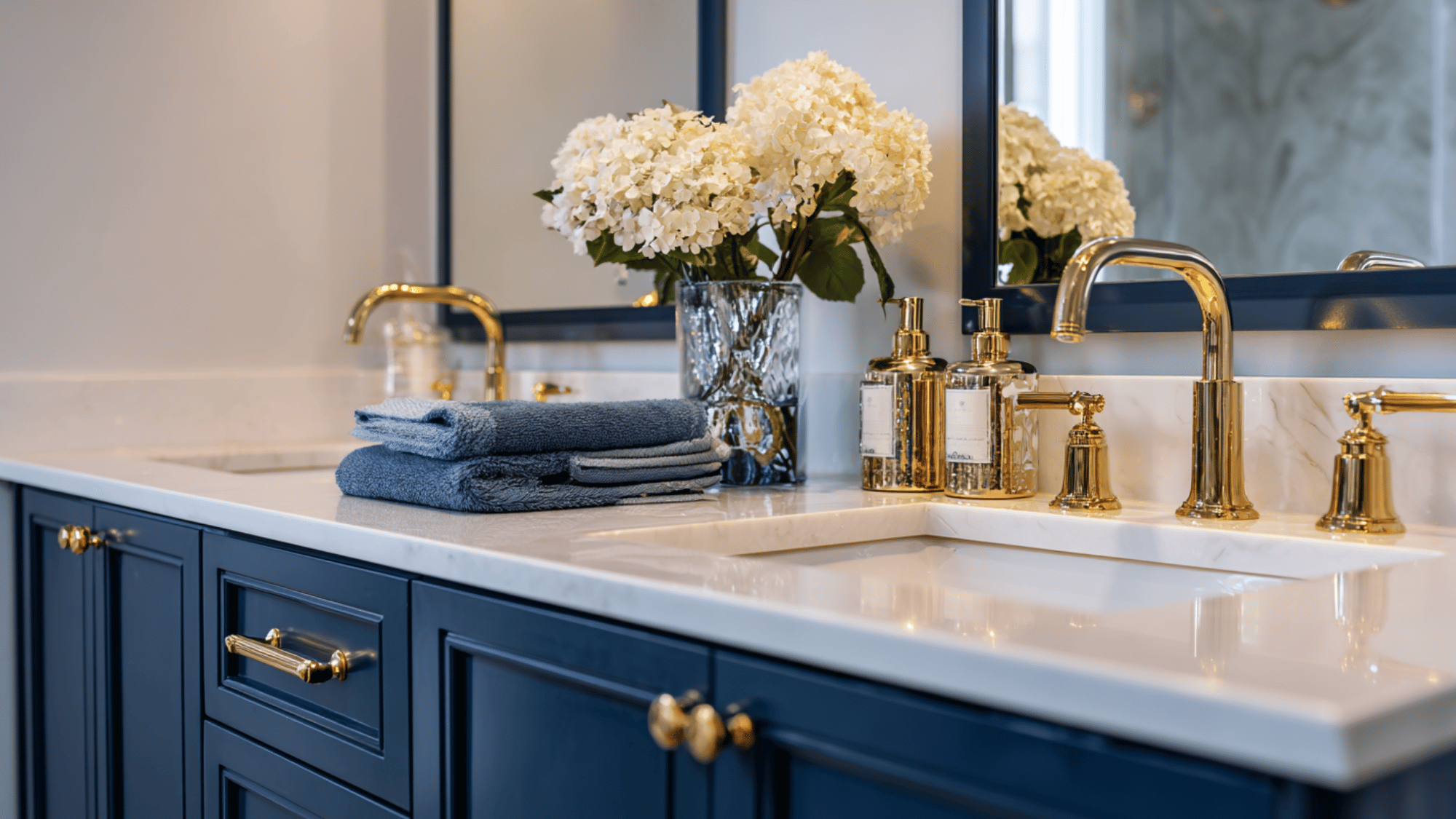 navy blue double vanity with gold pulls and faucets