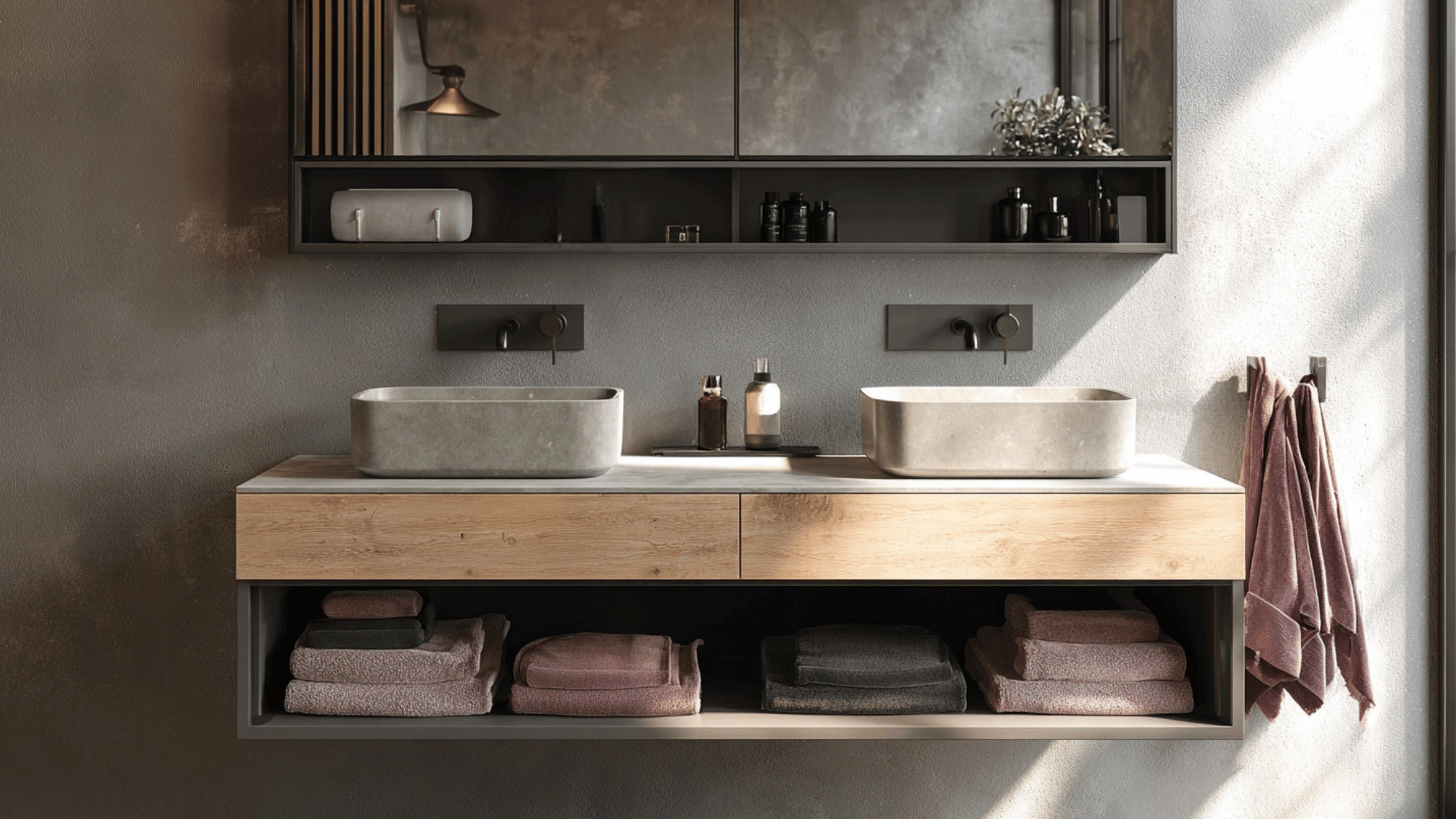 wall mounted double vanity with open storage shelf