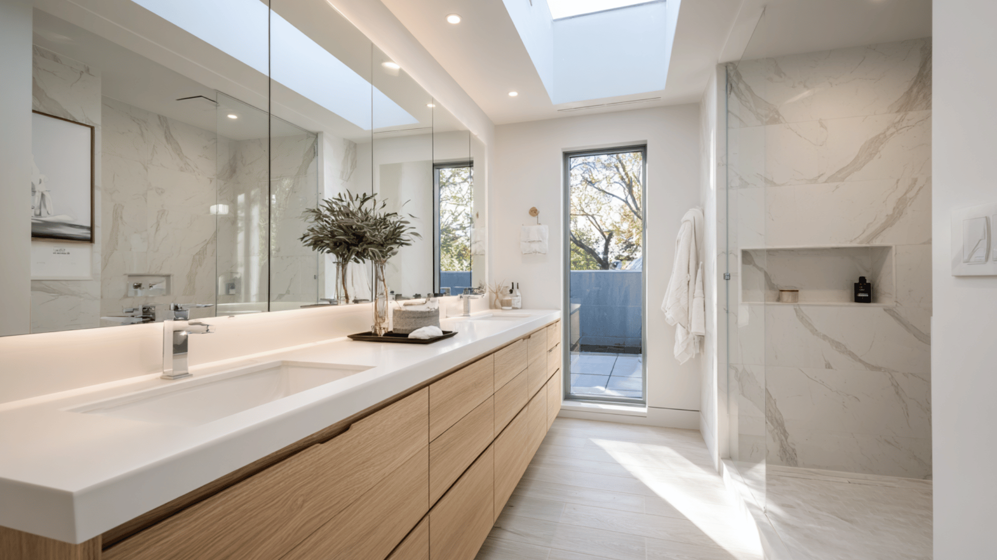 wall to wall double sink vanity with continuous countertop
